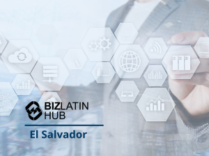 A person in a suit interacts with transparent hexagonal icons representing various business and technology symbols, highlighting the growth of El Salvador's tech industry. The Biz Latin Hub logo and the text "El Salvador" are displayed on the bottom left of the image.